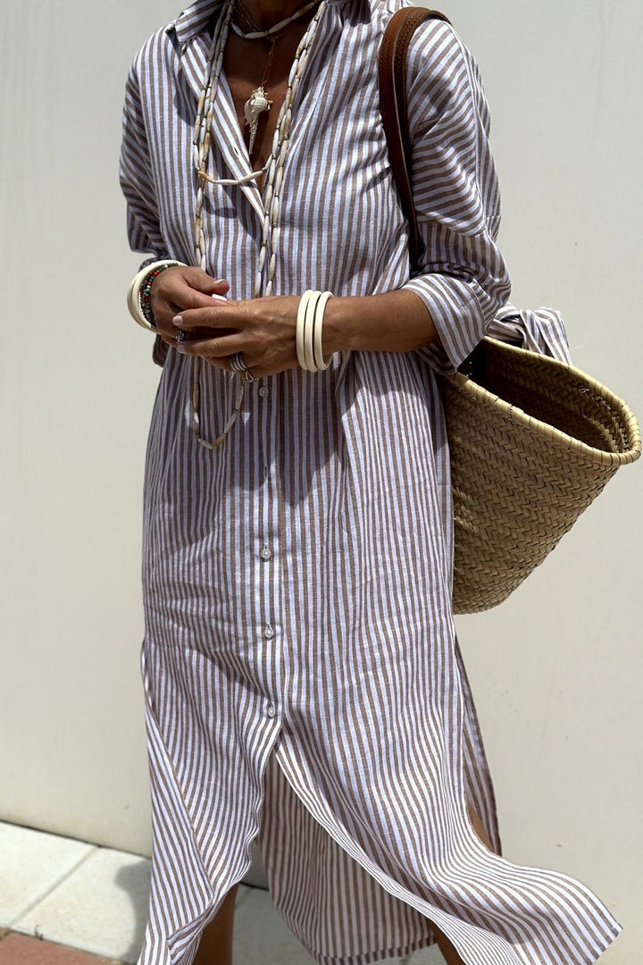 Women's Linen Striped Button-Down Collared Midi Dress