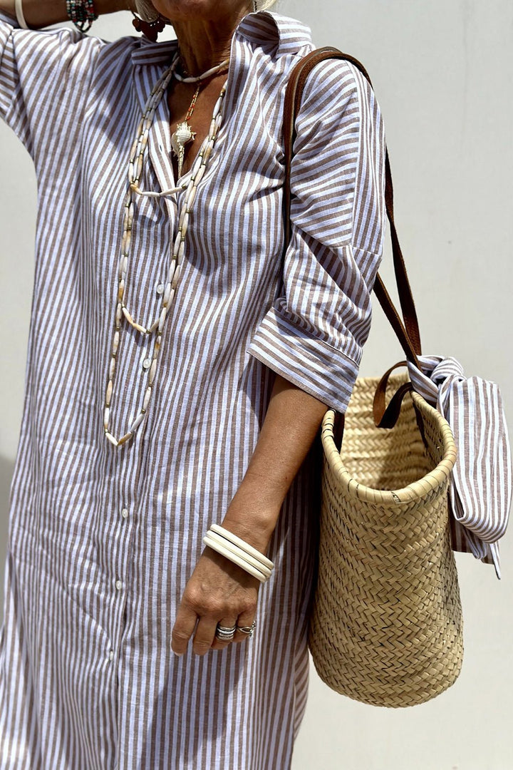 Women's Linen Striped Button-Down Collared Midi Dress - Khaki