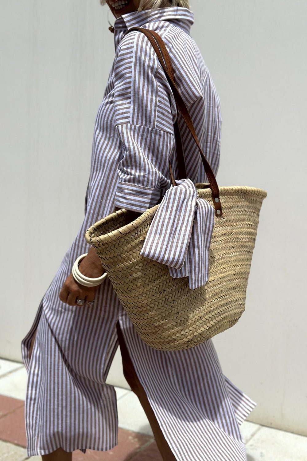 Women's Linen Striped Button-Down Collared Midi Dress