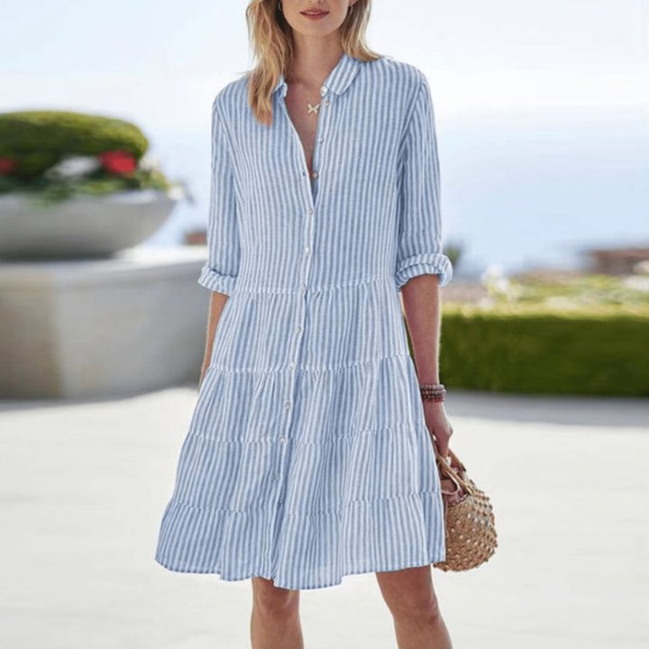 Women's Linen Striped Button-Down Tiered Dress - Light Blue