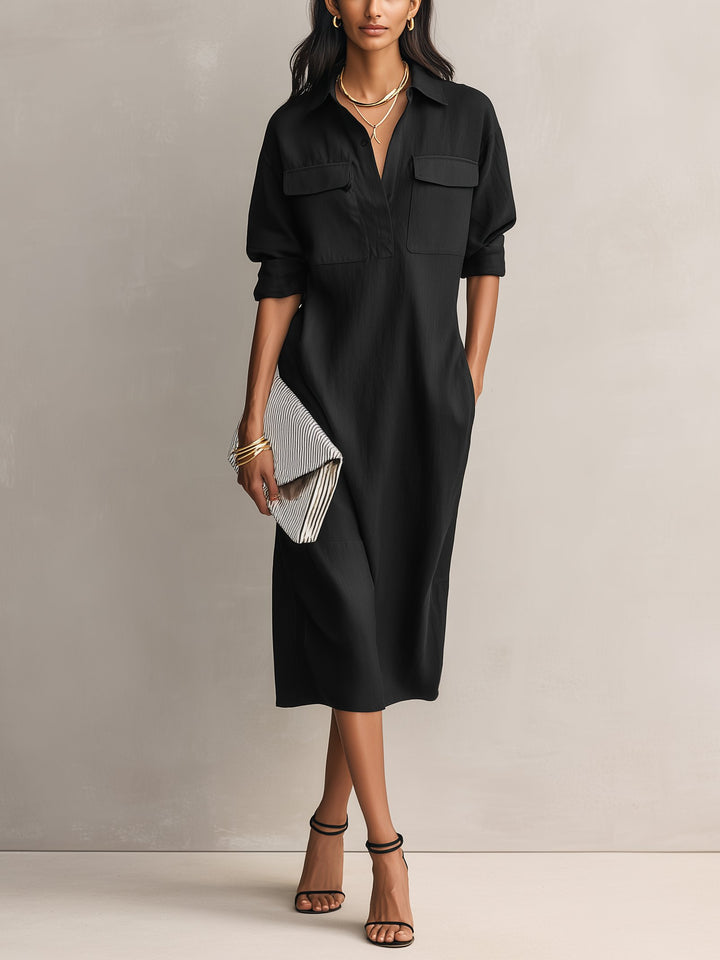 Women's Linen V-Neck Shirt Dress with Chest Pockets