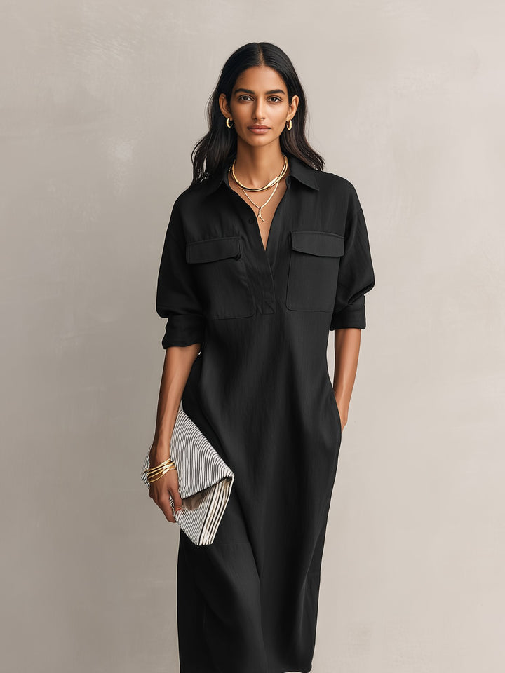 Women's Linen V-Neck Shirt Dress with Chest Pockets