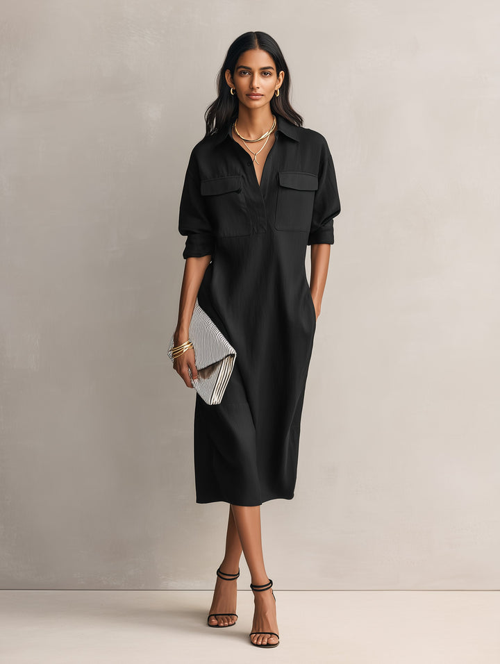 Women's Linen V-Neck Shirt Dress with Chest Pockets