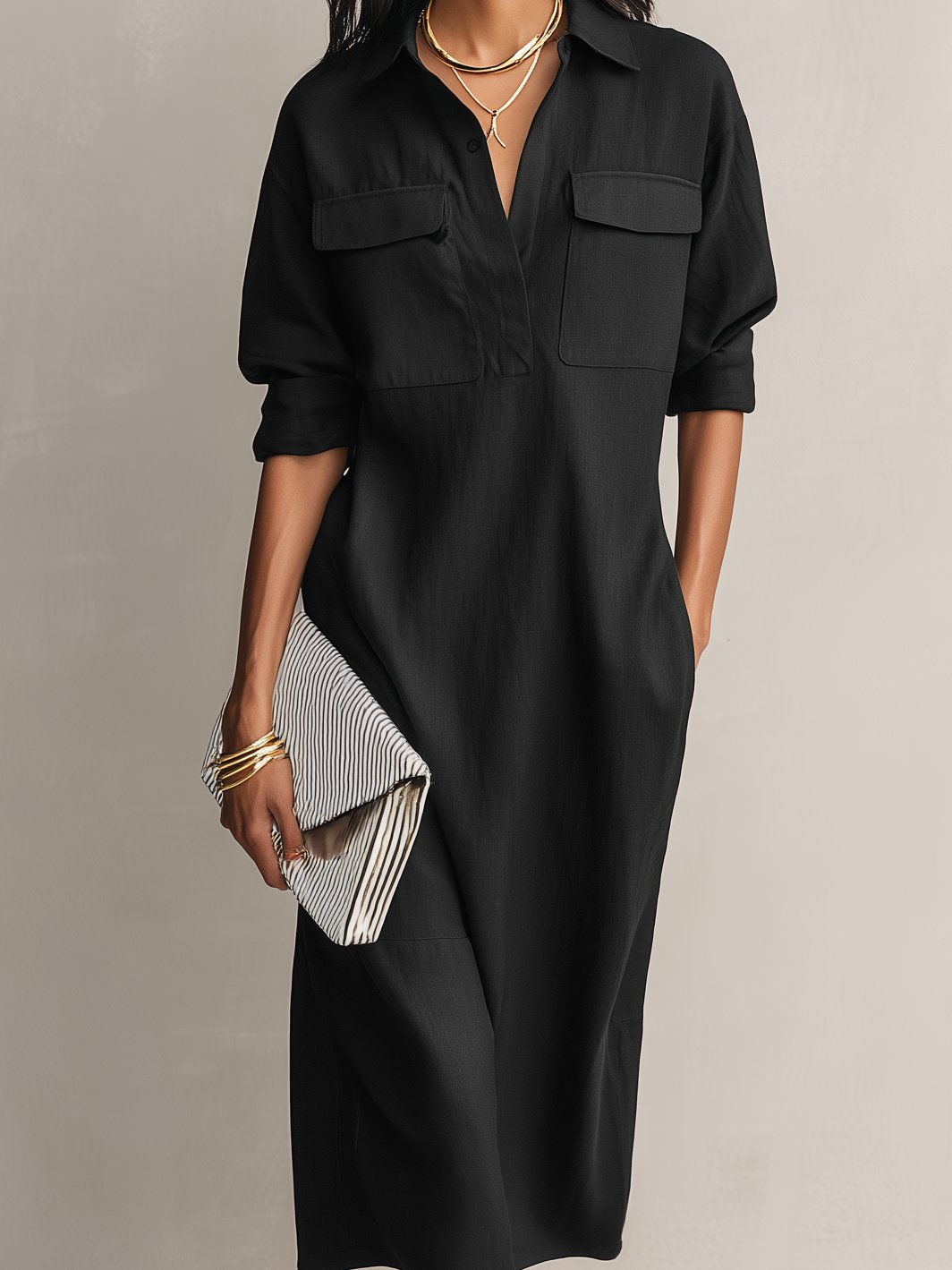 Women's Linen V-Neck Shirt Dress with Chest Pockets