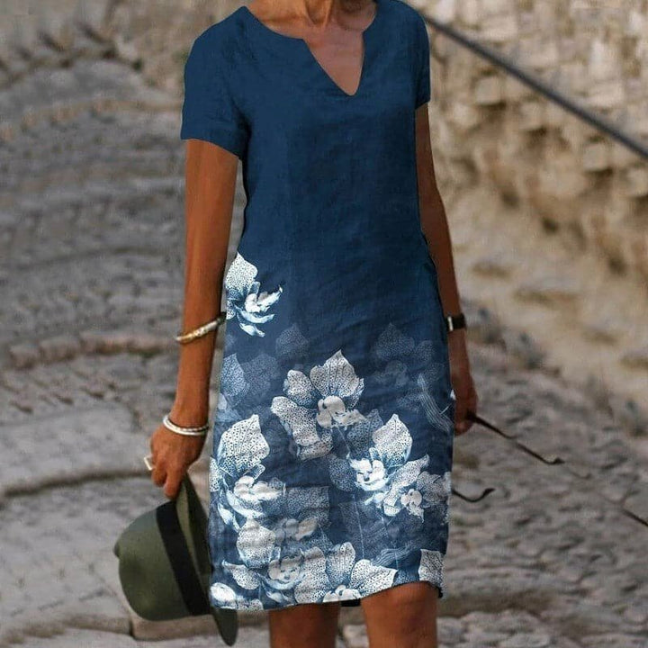 Women's Linen V-Neck Short-Sleeve Floral Midi Dress - Blue