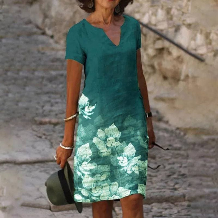 Women's Linen V-Neck Short-Sleeve Floral Midi Dress - Green