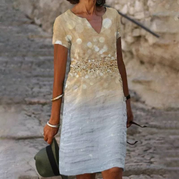 Women's Linen V-Neck Short-Sleeve Floral Midi Dress - Beige