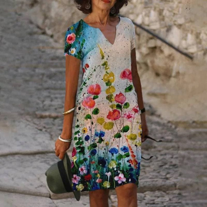 Women's Linen V-Neck Short-Sleeve Floral Midi Dress - Pink
