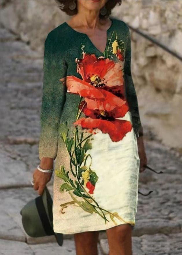 Women's Linen V-Neck Short-Sleeve Floral Midi Dress - Dark Green