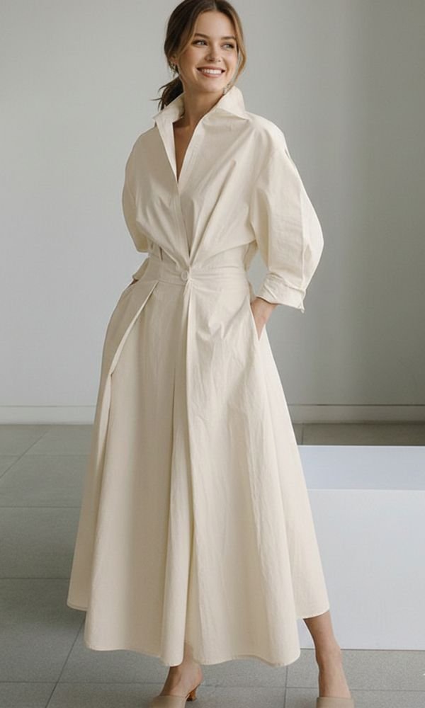 Women's Long-Sleeve Button-Front Relaxed-Fit Maxi Shirt Dress - Beige