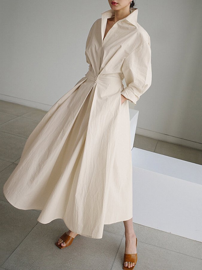 Women's Long-Sleeve Button-Front Relaxed-Fit Maxi Shirt Dress