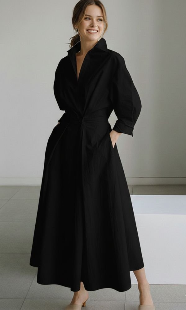 Women's Long-Sleeve Button-Front Relaxed-Fit Maxi Shirt Dress - Black