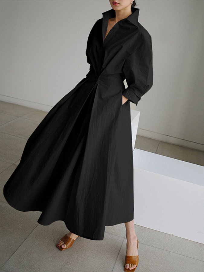 Women's Long-Sleeve Button-Front Relaxed-Fit Maxi Shirt Dress