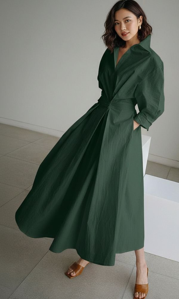 Women's Long-Sleeve Button-Front Relaxed-Fit Maxi Shirt Dress - Army Green
