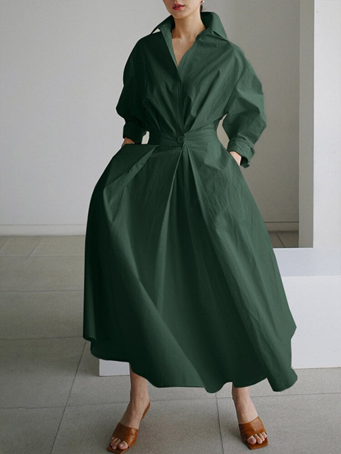 Women's Long-Sleeve Button-Front Relaxed-Fit Maxi Shirt Dress