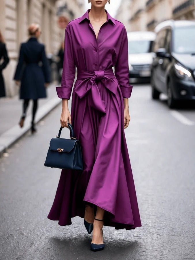 Women's Long-Sleeve Collared Tie-Waist Maxi Dress - Purple