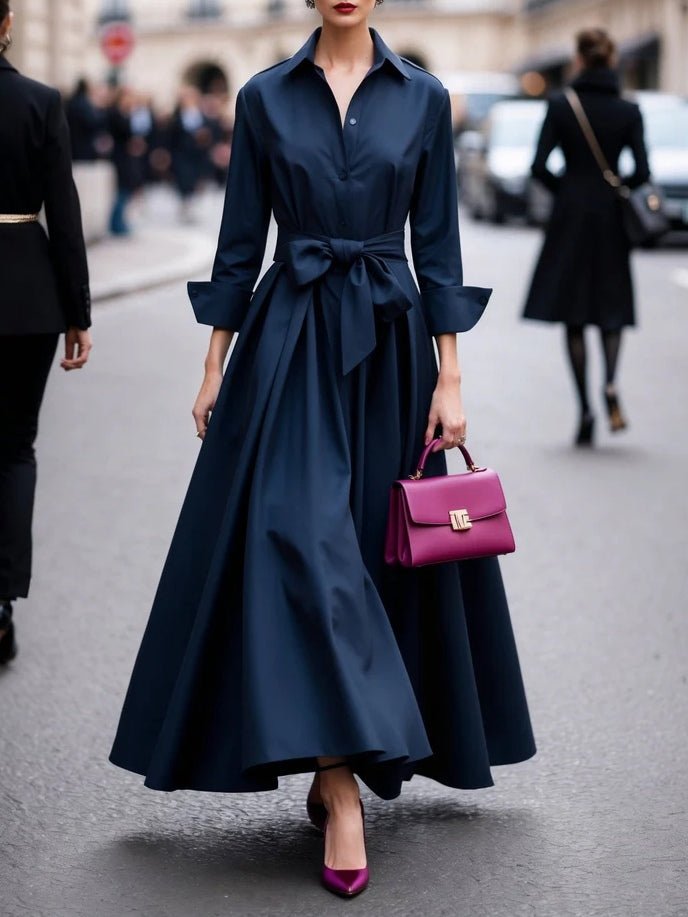 Women's Long-Sleeve Collared Tie-Waist Maxi Dress - Navy