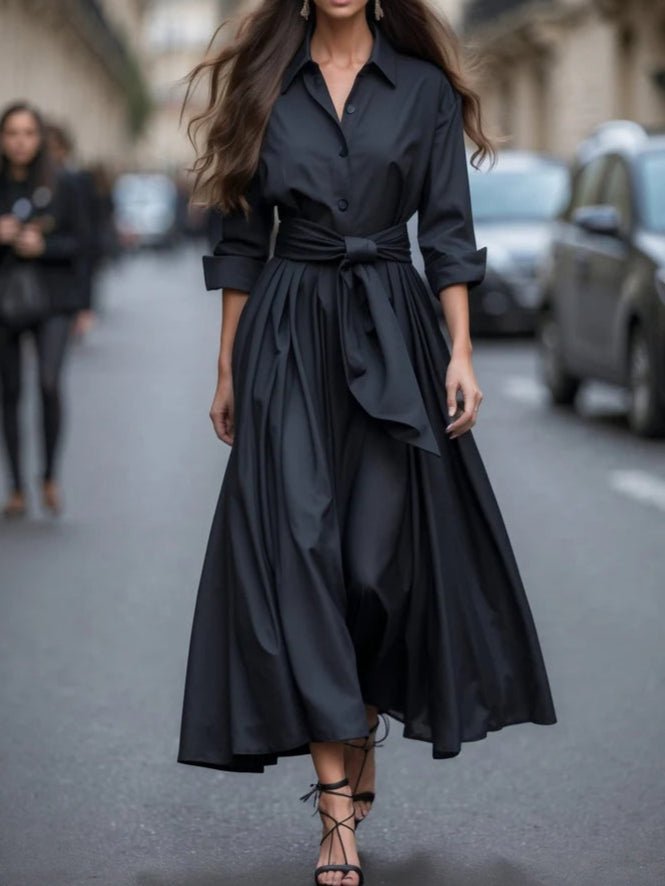 Women's Long-Sleeve Collared Tie-Waist Maxi Dress - Black