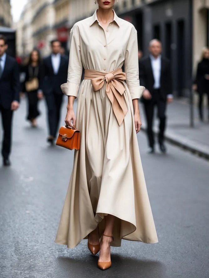 Women's Long-Sleeve Collared Tie-Waist Maxi Dress - Beige
