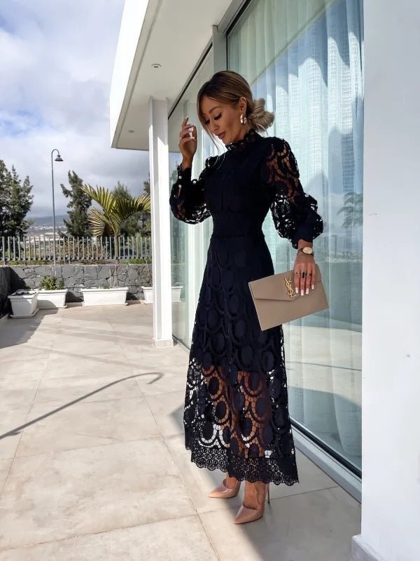 Women's Long Sleeve Lace Midi Evening Dress - Black