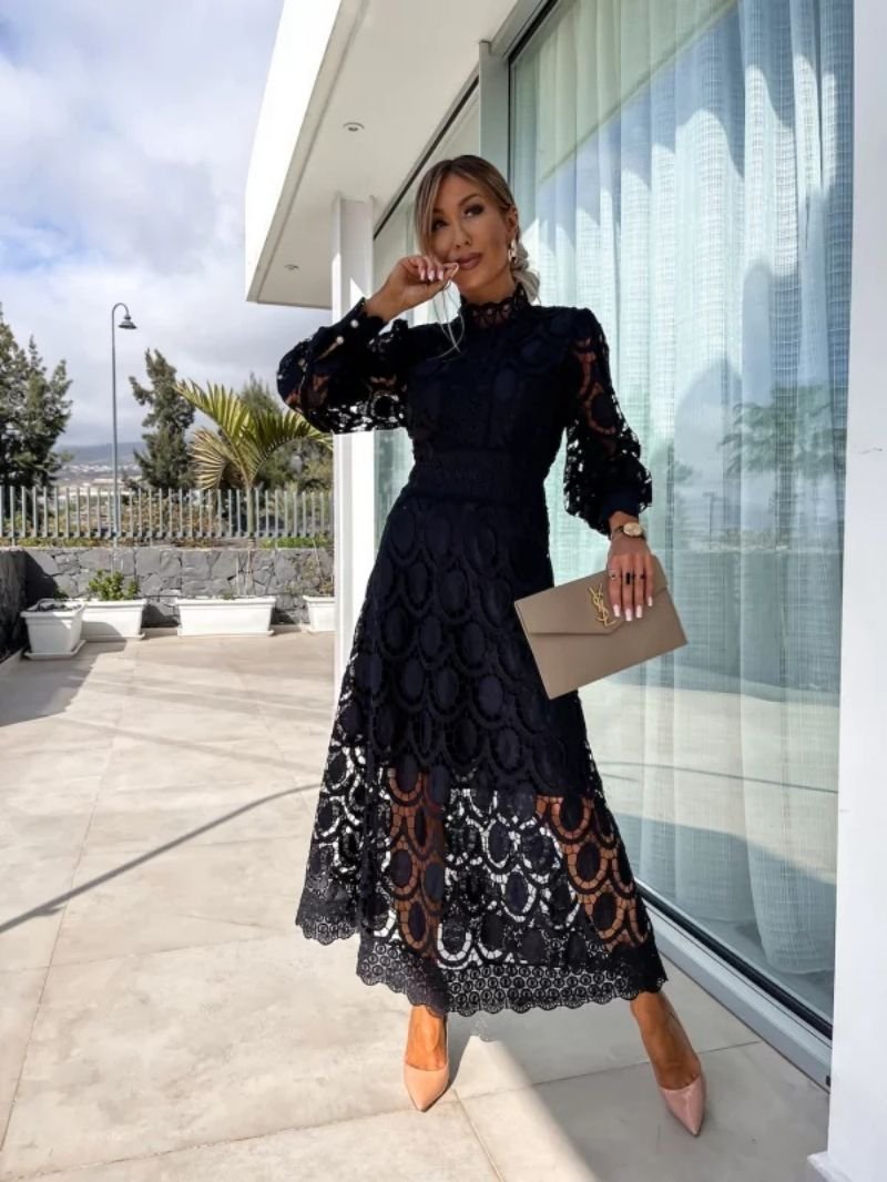 Women's Long Sleeve Lace Midi Evening Dress