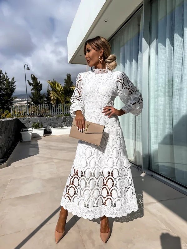 Women's Long Sleeve Lace Midi Evening Dress - White