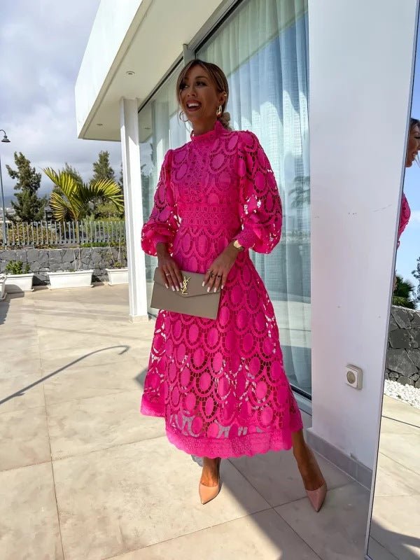 Women's Long Sleeve Lace Midi Evening Dress - Dark Pink