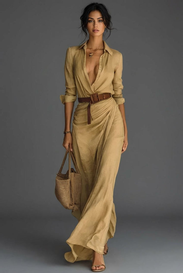 Women's Long Sleeve Linen Wrap Maxi Dress - Khaki