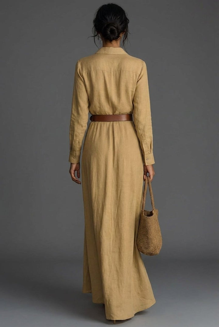 Women's Long Sleeve Linen Wrap Maxi Dress