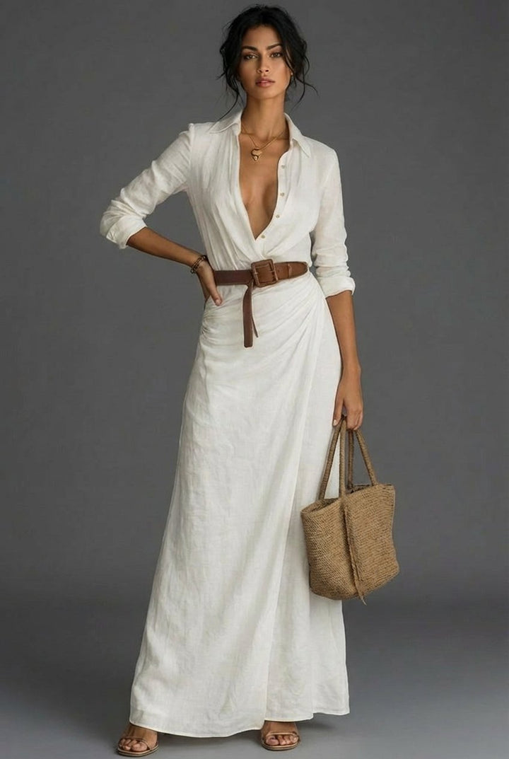 Women's Long Sleeve Linen Wrap Maxi Dress - White