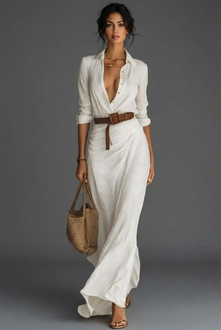 Women's Long Sleeve Linen Wrap Maxi Dress