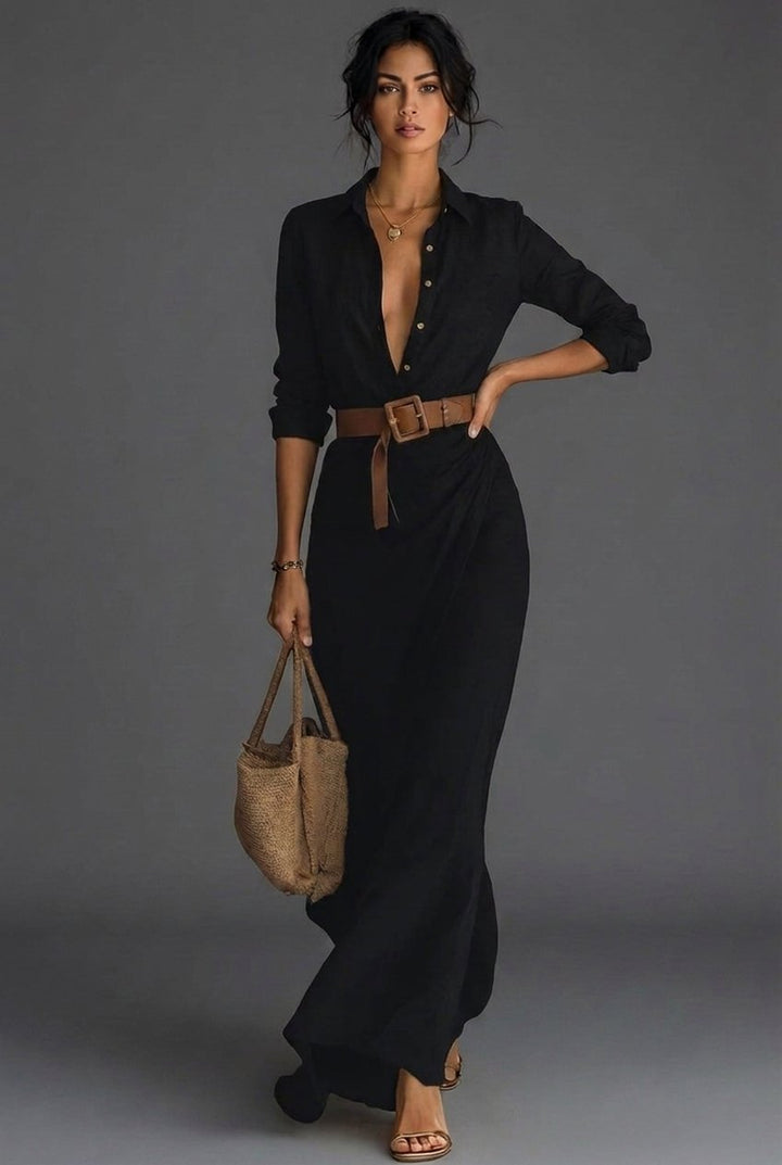 Women's Long Sleeve Linen Wrap Maxi Dress - Black