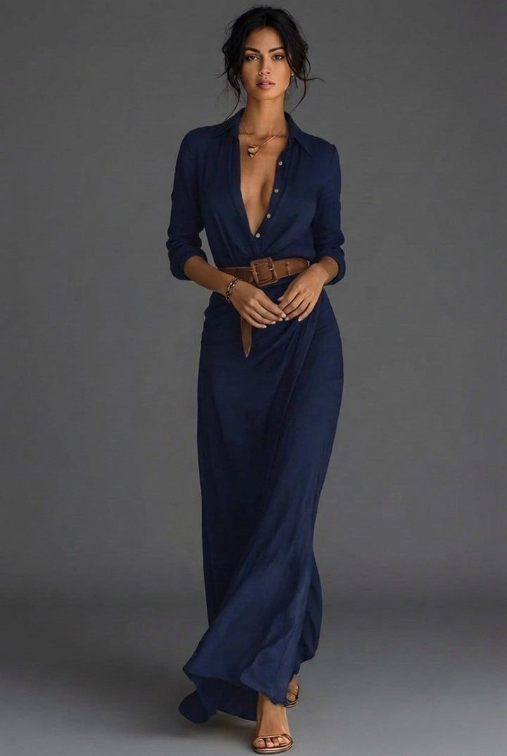 Women's Long Sleeve Linen Wrap Maxi Dress - Navy Blue