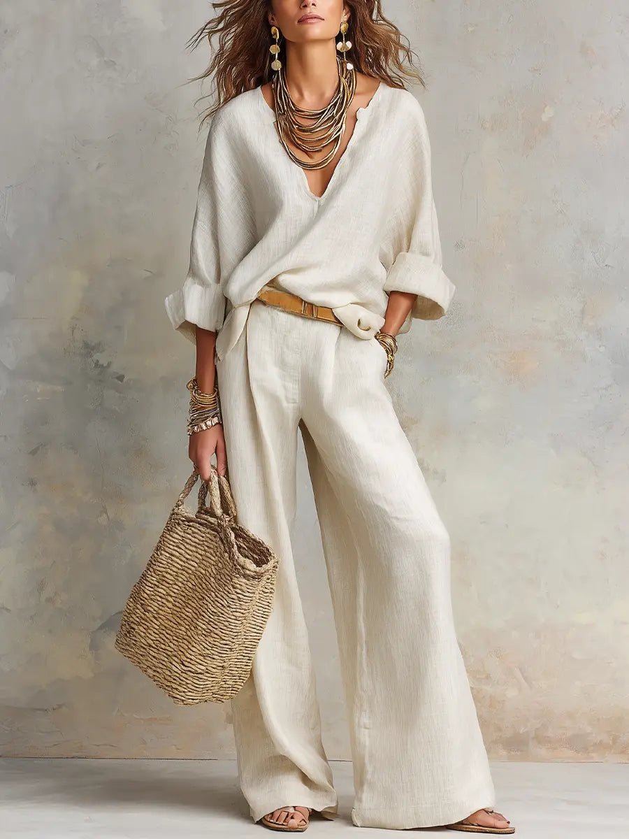 Women's Loose-Fit Natural Linen Two-Piece Set - White