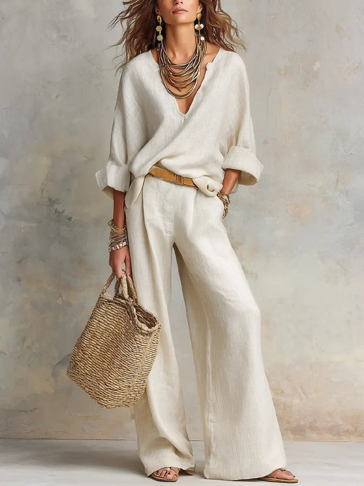 Women's Loose-Fit Natural Linen Two-Piece Set - White