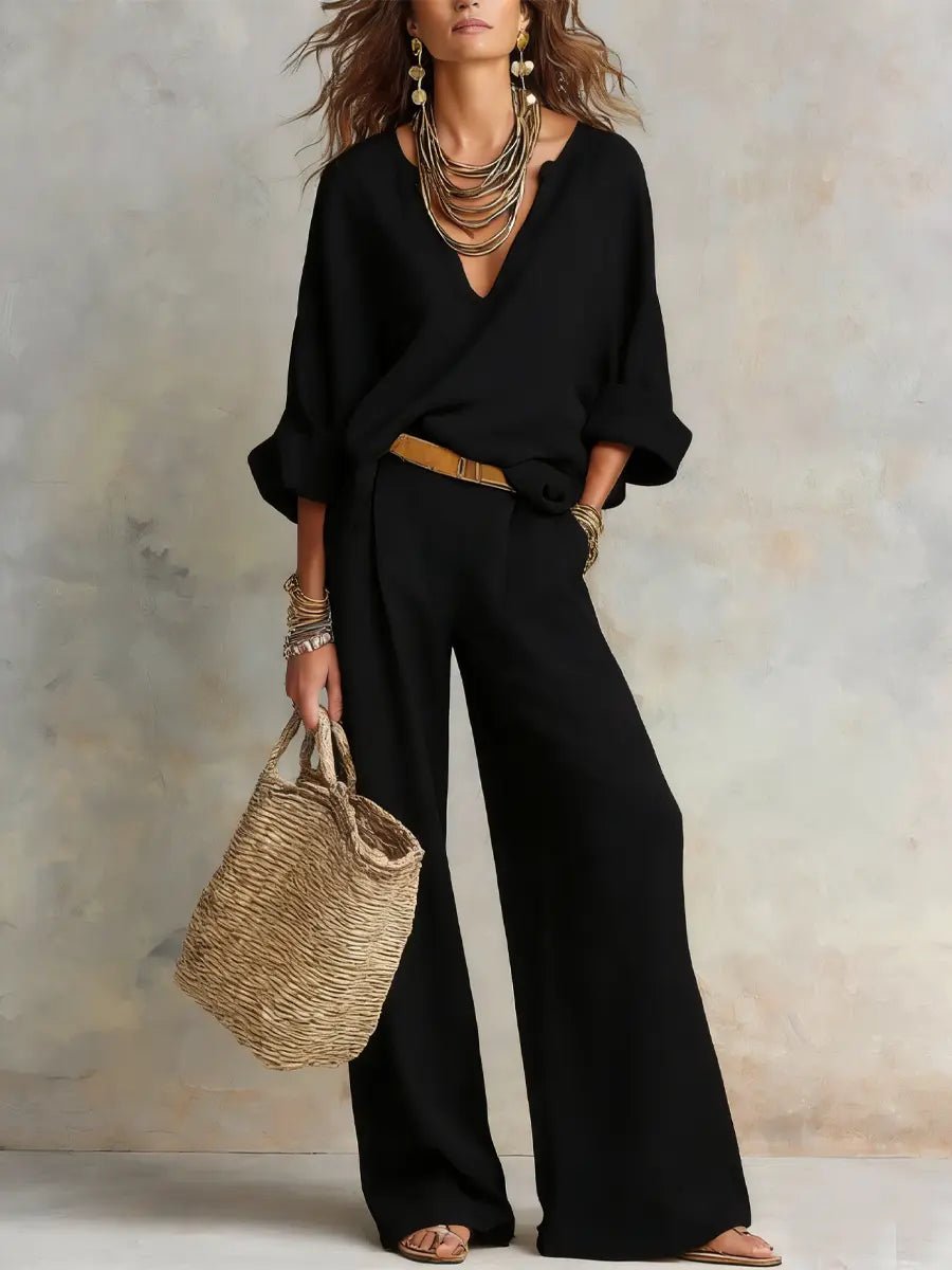Women's Loose-Fit Natural Linen Two-Piece Set - Black