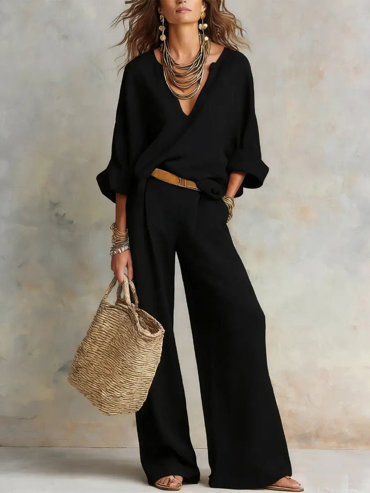 Women's Loose-Fit Natural Linen Two-Piece Set - Black
