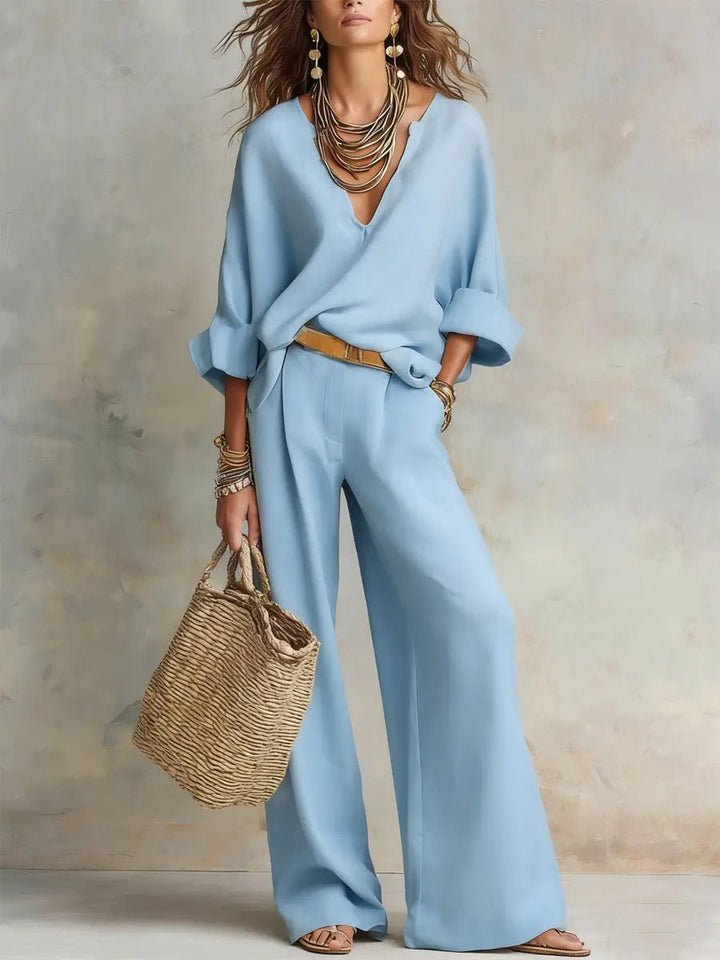 Women's Loose-Fit Natural Linen Two-Piece Set - Blue