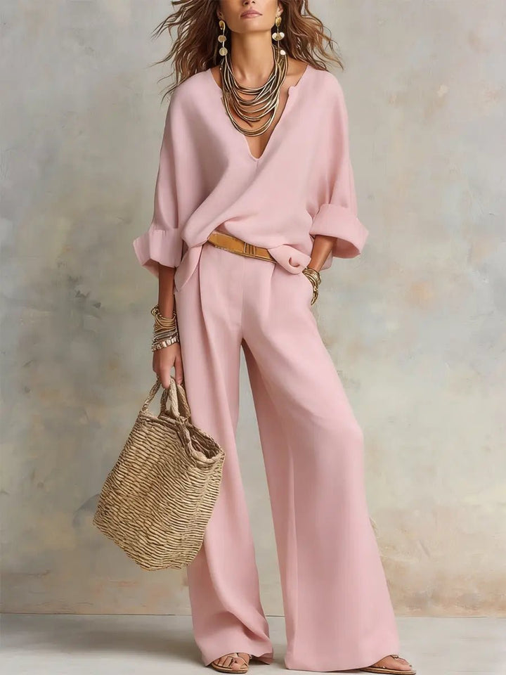 Women's Loose-Fit Natural Linen Two-Piece Set - Pink