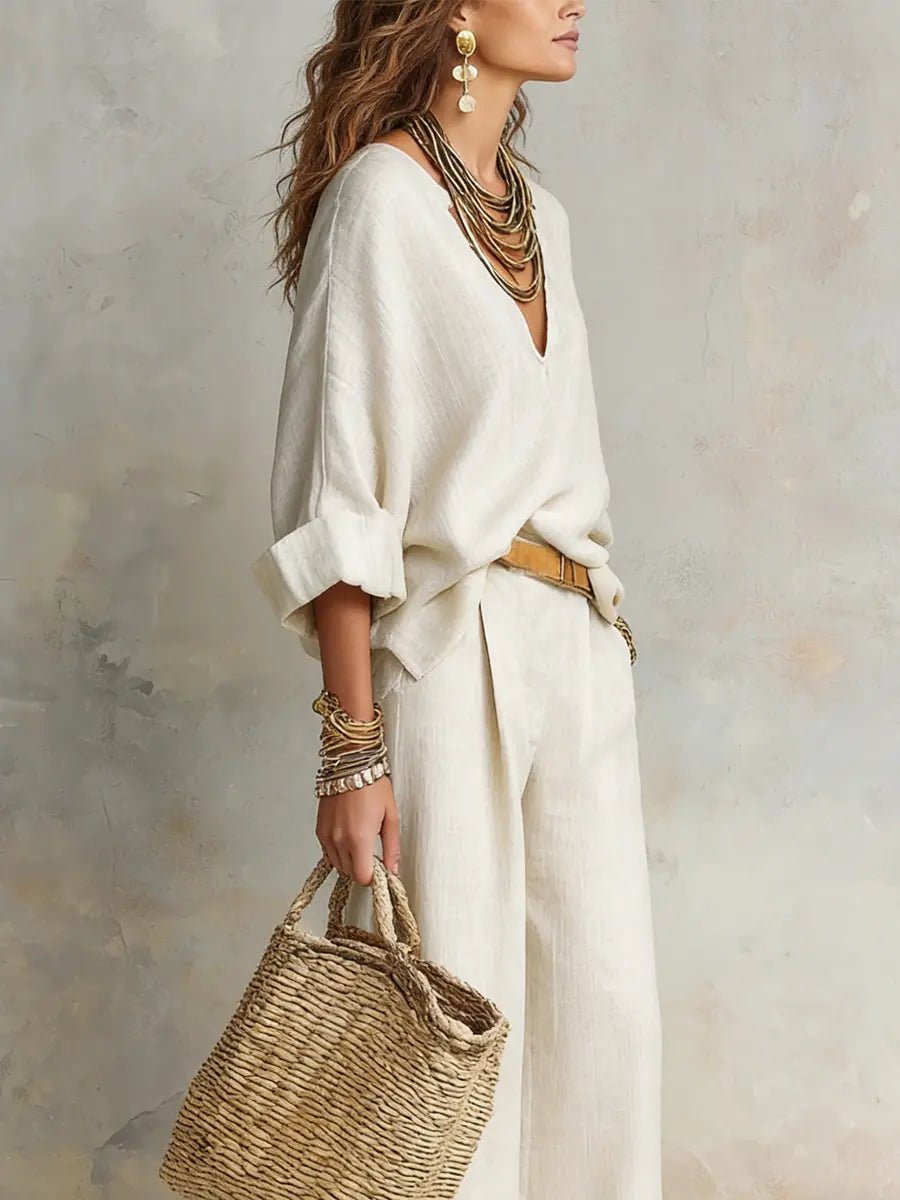 Women's Loose-Fit Natural Linen Two-Piece Set