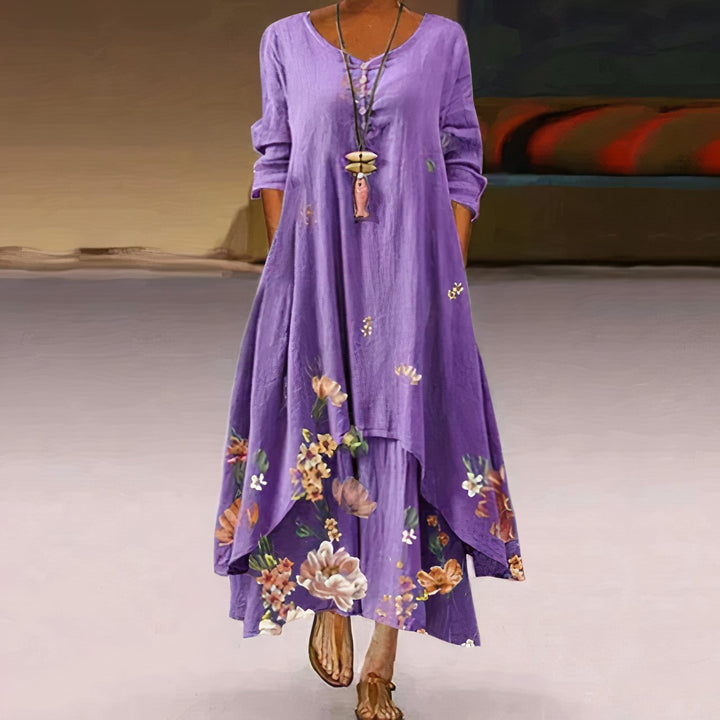 Women's Loose Floral Hem Long Sleeve Round Neck Boho Maxi Dress - Lavender