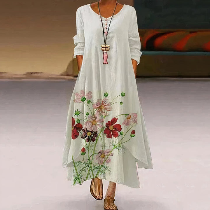 Women's Loose Floral Hem Long Sleeve Round Neck Boho Maxi Dress - White 1