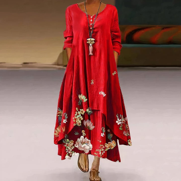 Women's Loose Floral Hem Long Sleeve Round Neck Boho Maxi Dress - Red