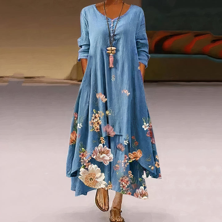 Women's Loose Floral Hem Long Sleeve Round Neck Boho Maxi Dress - Blue