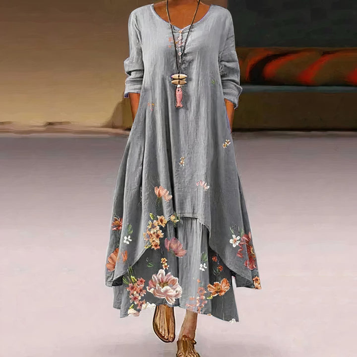 Women's Loose Floral Hem Long Sleeve Round Neck Boho Maxi Dress - Light Gray