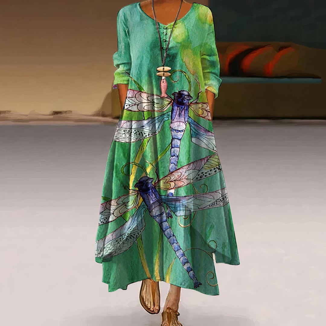 Women's Loose Floral Hem Long Sleeve Round Neck Boho Maxi Dress - Green