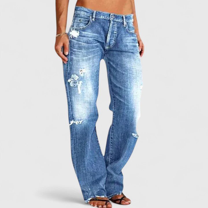 Women's Low-Rise Distressed Straight-Leg Denim Jeans - Blue
