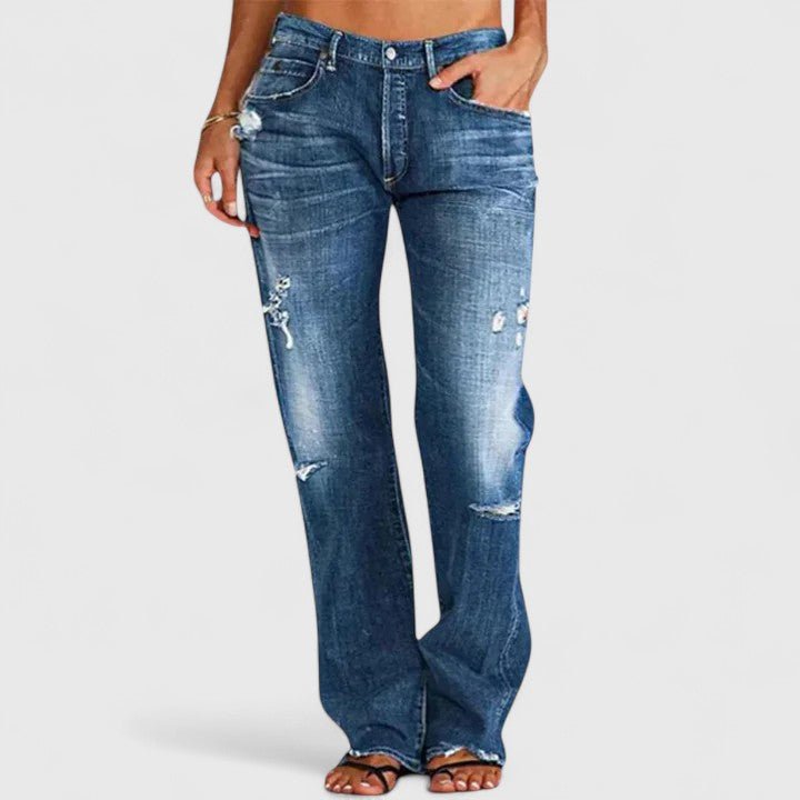 Women's Low-Rise Distressed Straight-Leg Denim Jeans - Dark Blue