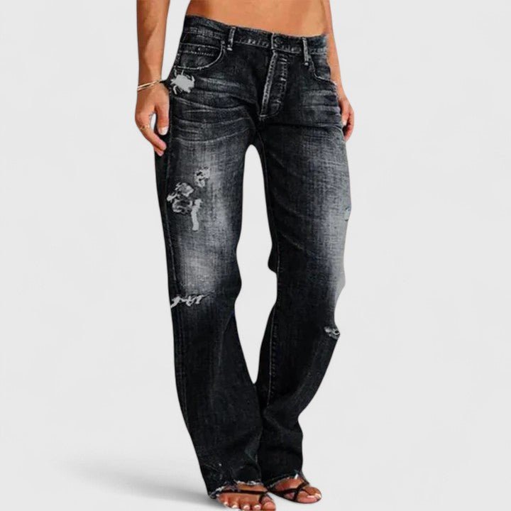 Women's Low-Rise Distressed Straight-Leg Denim Jeans - Black