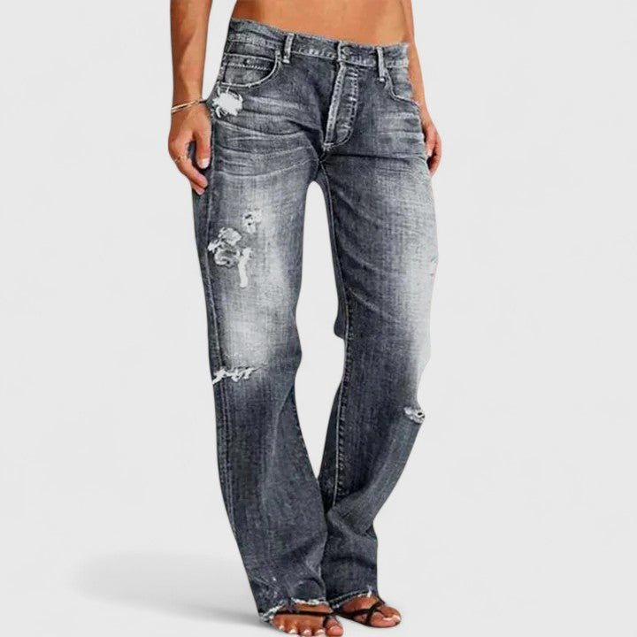 Women's Low-Rise Distressed Straight-Leg Denim Jeans - Gray
